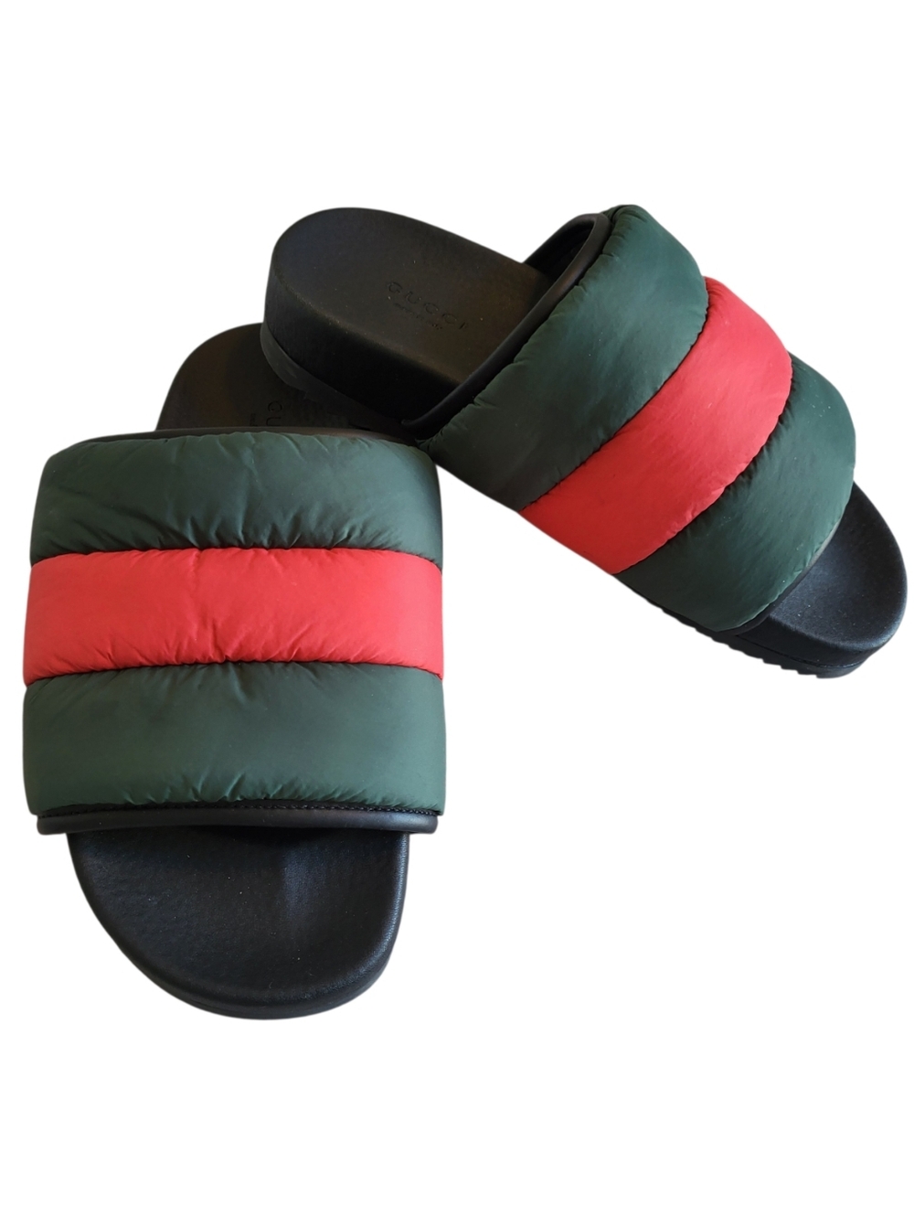 GUCCI PADDED WEB SLIDE SANDALS -GREEN / RED PUFFER NYLON -WOMEN’S US 38